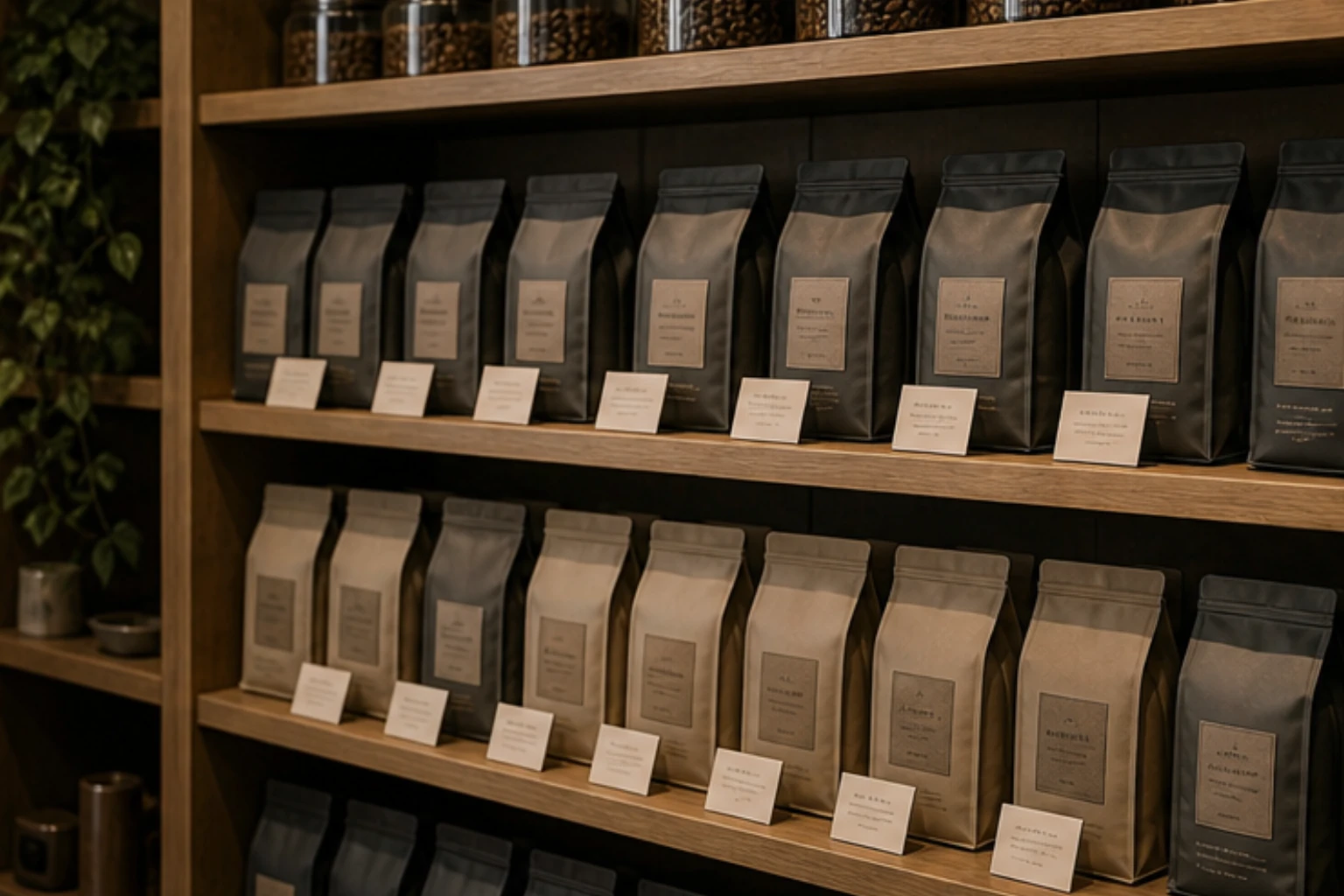coffee bean wall with matte bags roast notes and wood shelving
