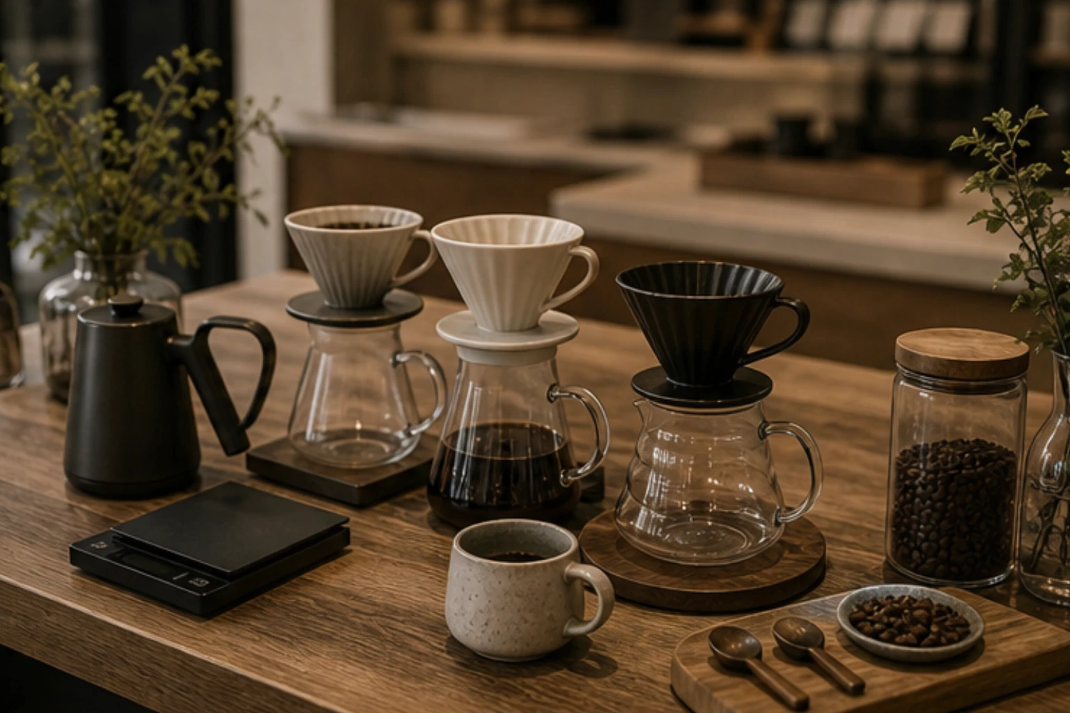 pour-over table with drippers scales servers and soft café-home styling