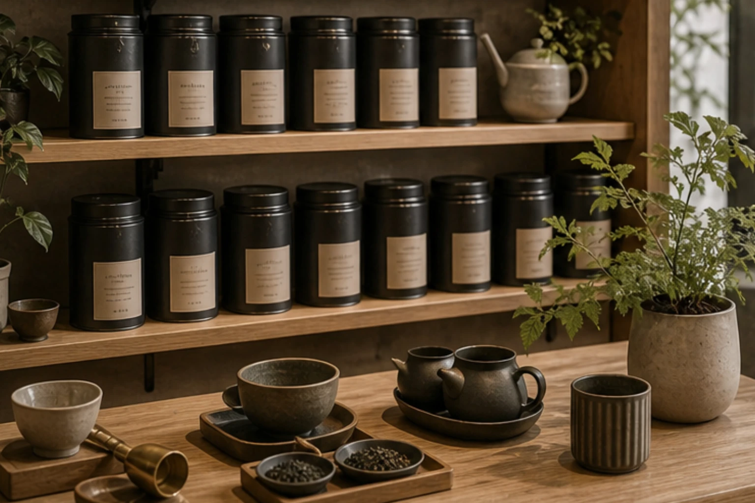 tea shelf with labeled canisters cups scoops and botanical retail styling