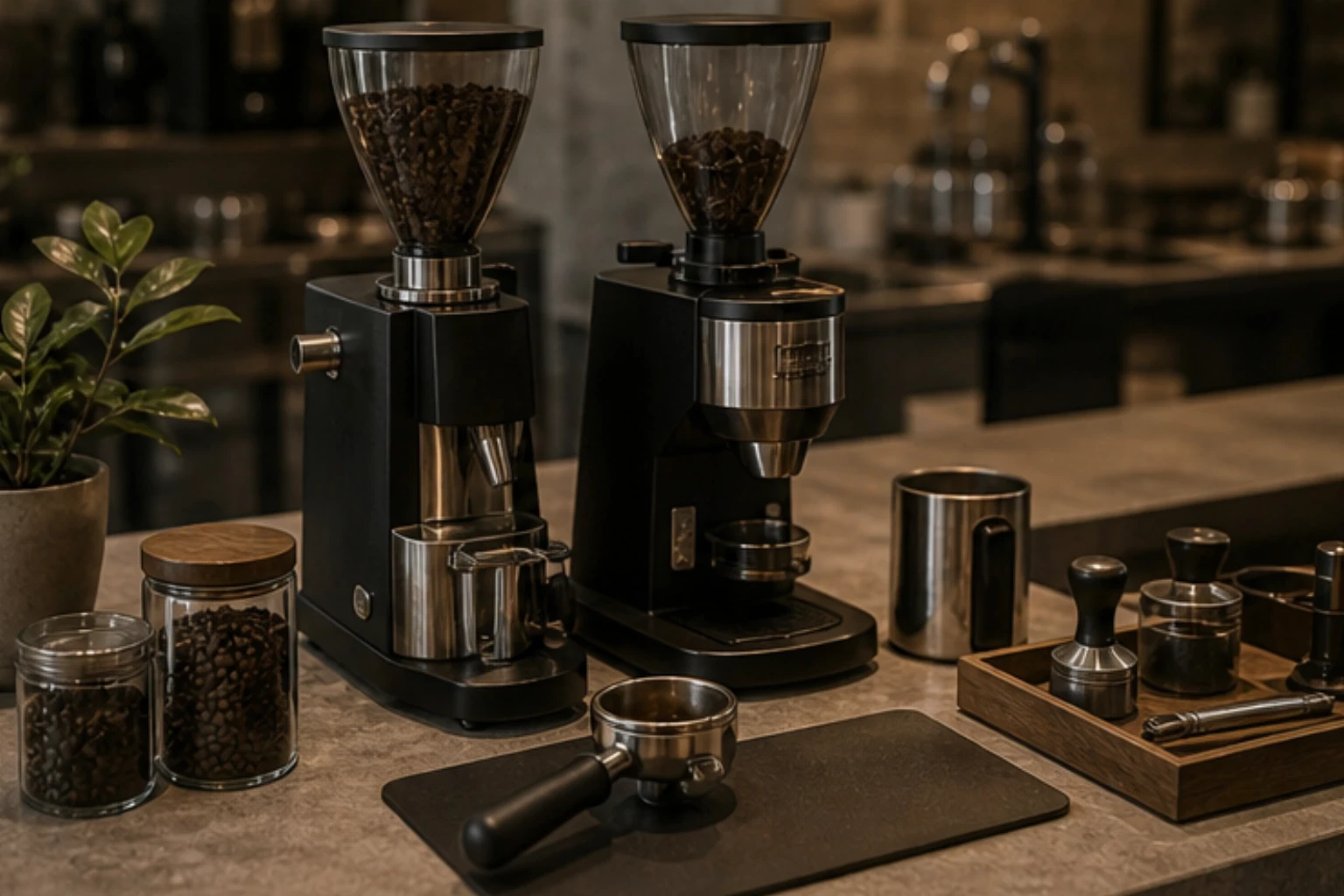 coffee grinder station with dosing tools beans and brushed metal surfaces