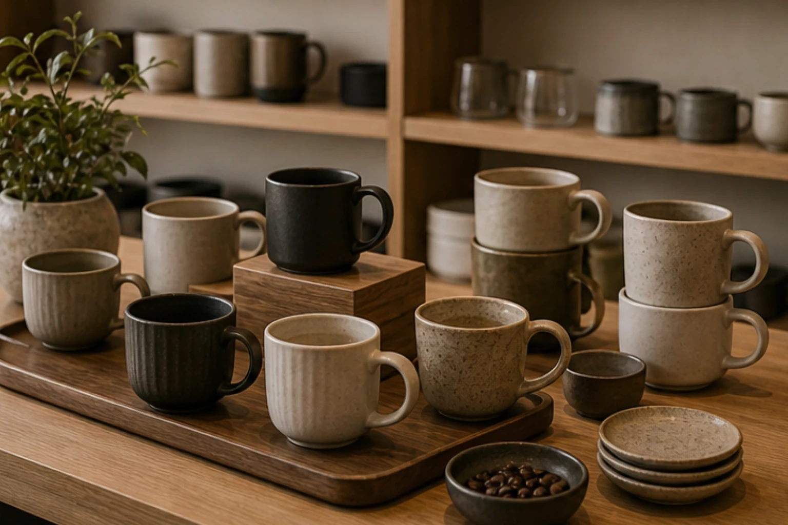 mug display with ceramic cups trays saucers and home ritual styling