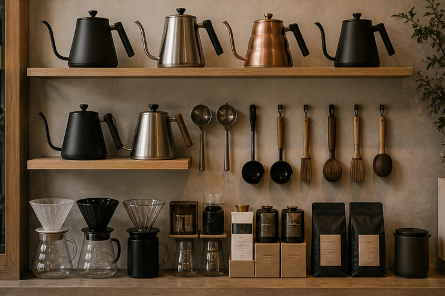 kettle wall with gooseneck kettles filters scoops and brewing accessories