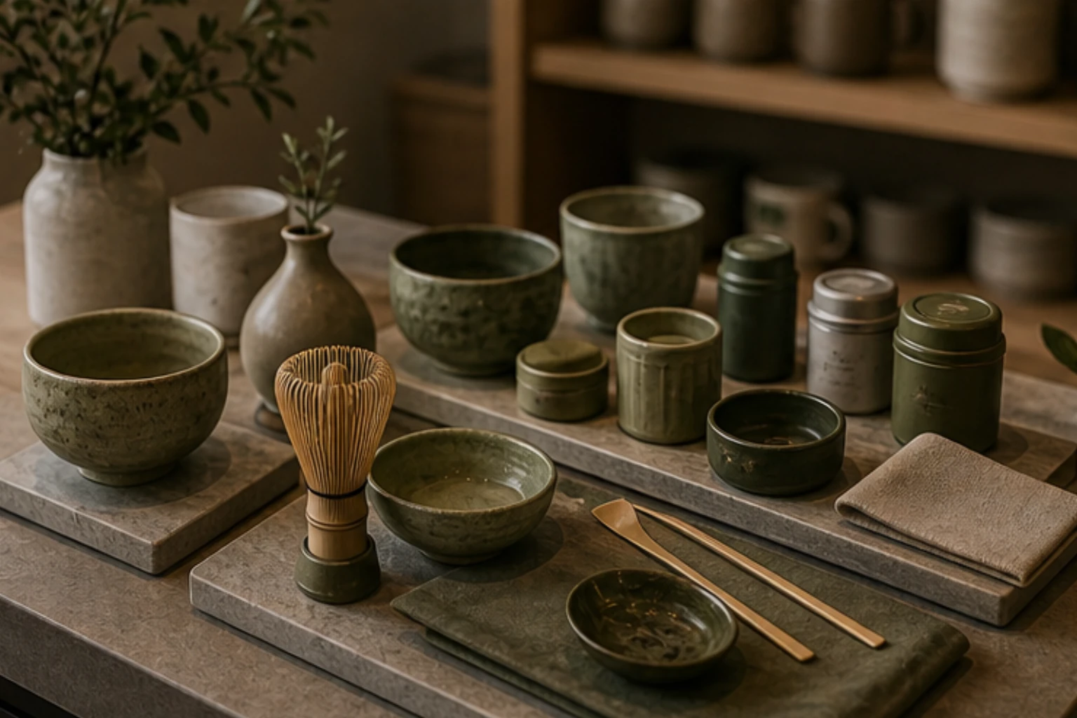 matcha set display with bowls whisks scoops and premium tea accessories