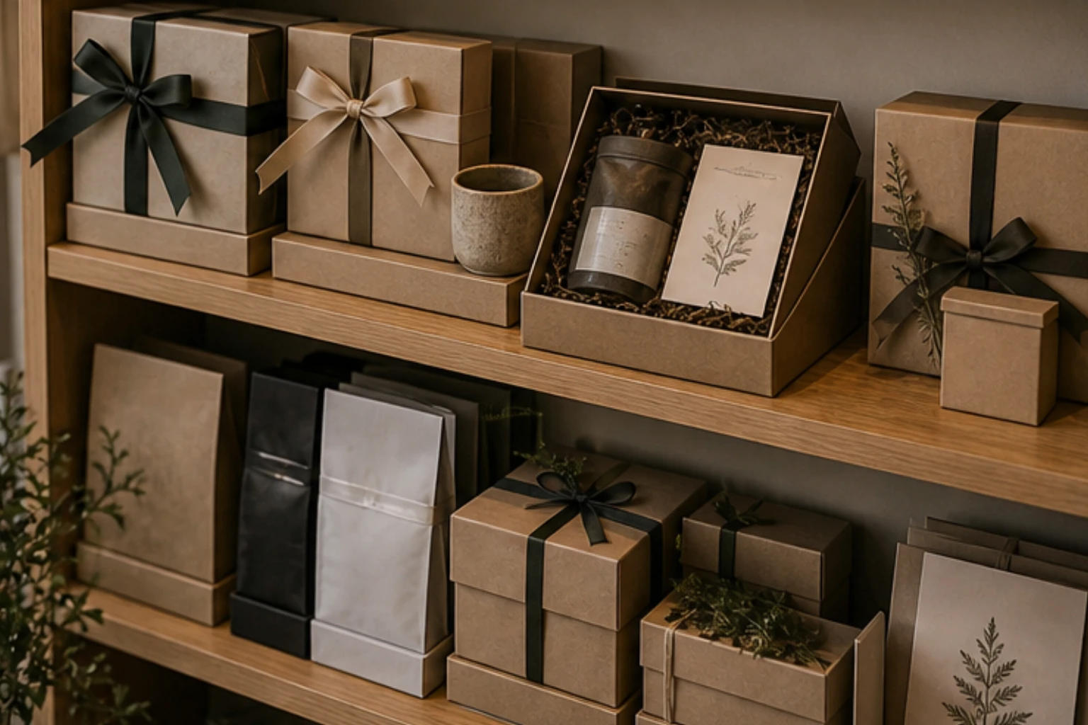 gift box shelf with coffee tea bundles ribbons cards and unbranded premium wrapping