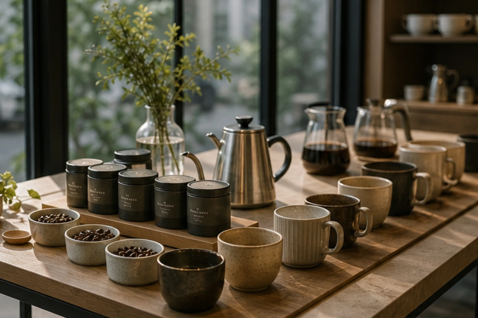 tasting corner with cups servers sample tins and natural daylight