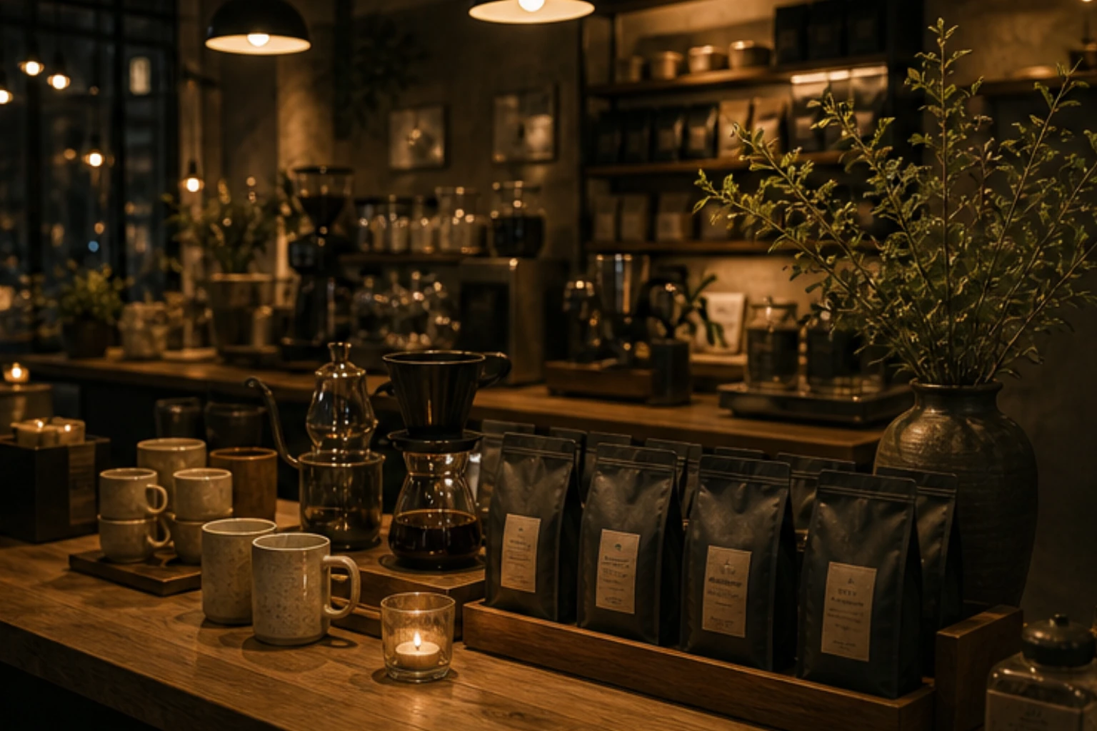 evening coffee and tea counter with warm light cups bags and calm boutique atmosphere
