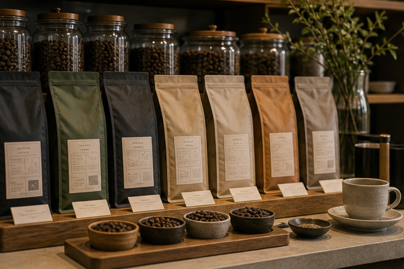coffee bean collection with origin bags roast notes and curated countertop styling
