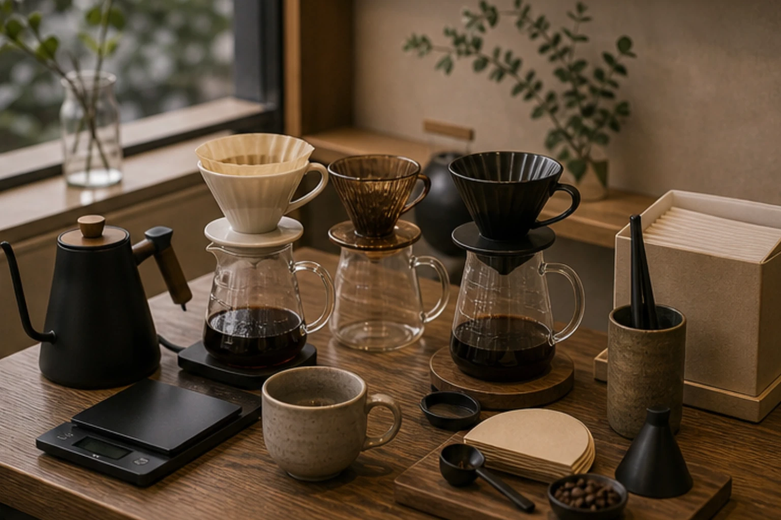 pour-over edit with drippers filters servers scales and tidy ritual tools