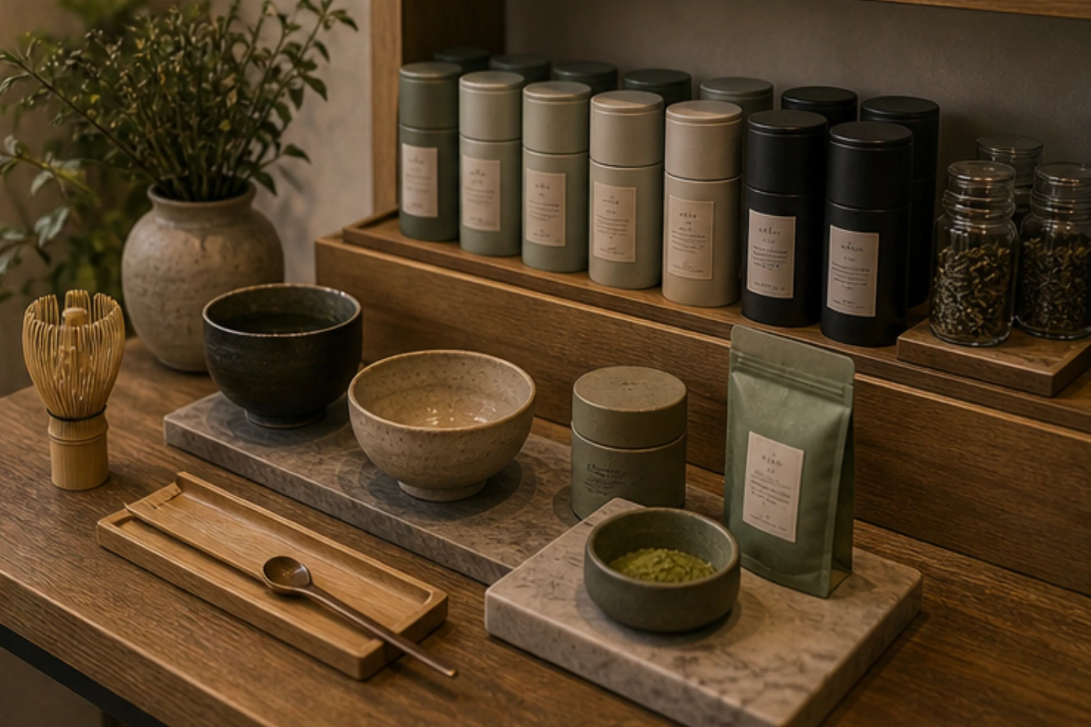 tea and matcha collection with canisters bowls whisks and quiet botanical cues