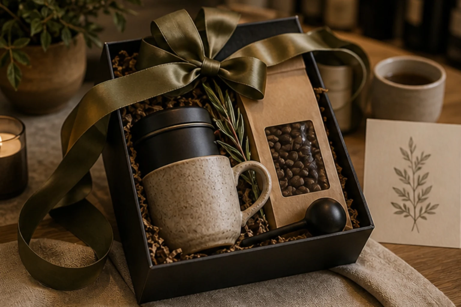 gift ready coffee and tea set with mugs beans tins ribbons and card details